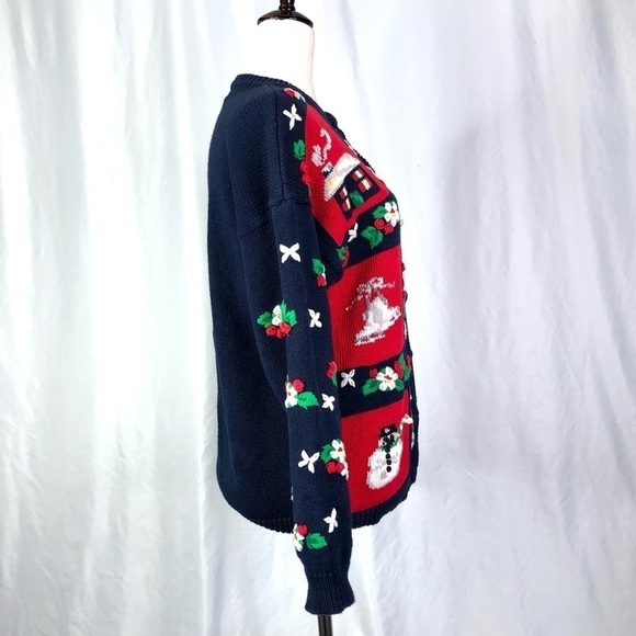 Vintage early 90s Christmas sweater intarsia embroidered navy red white scenic M - Picture 4 of 10